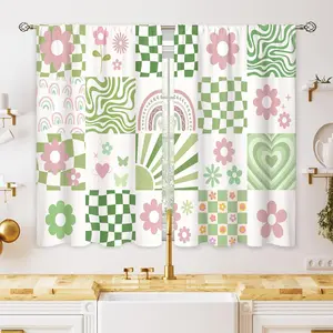70s Retro Cute Green Pink Flower Small Kitchen Curtains Checkered Groovy Window Treatment Funky Rod Pocket Cafe Short Window Curtains for Bathroom Dining Room Tier Treatment Drape 27.5x39 inch