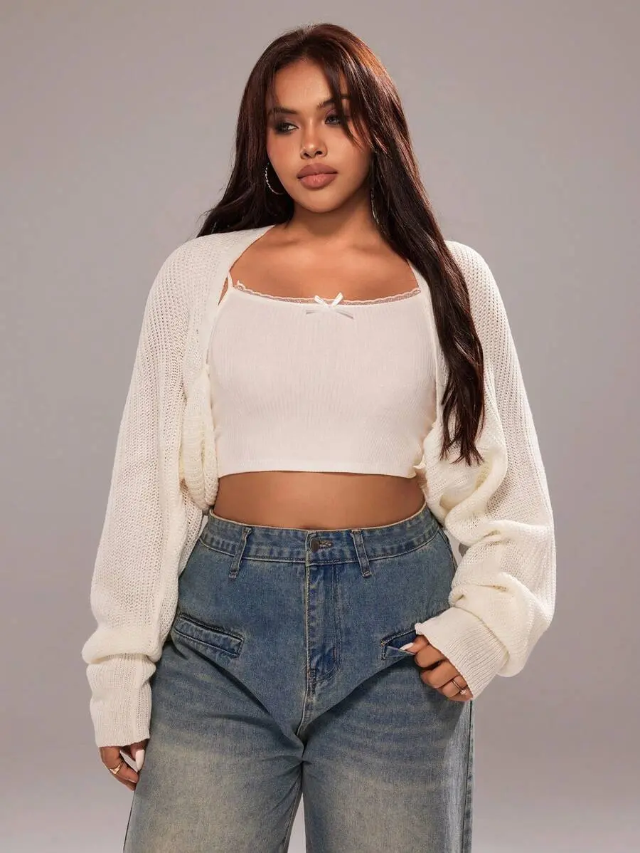 LUNA LAYER Women Batwing Sleeve Loose Knit Sweater Cardigan Short Casual White Top