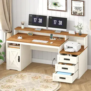 Computer Desk with Drawers, 65'' Home Office Desk with Power Outlets, Storage Cabinet and Printer Stand, Study Writing Desks with Long Monitor Stand L-Shaped Lift Top