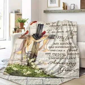 1pc Cross Printed Blanket, Faith Flannel Blanket, Soft Warm Throw Blanket Nap Blanket For Couch Sofa Office Bed Camping Travel, Multi-purpose Gift Blanket For All Season-280GSM