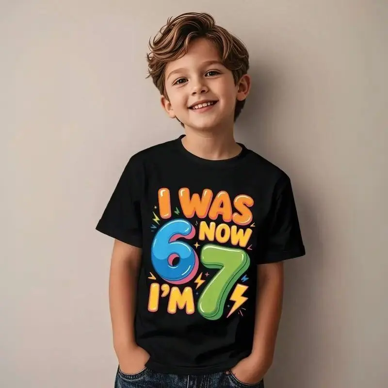 Kids' 7th Birthday Cute Shirt, 'I Was 6 Now I'm 7' Funny Print Cotton Top with Confetti and Short Sleeves for Party Outfit, Graphic Print Shirt, Funny Print Shirts