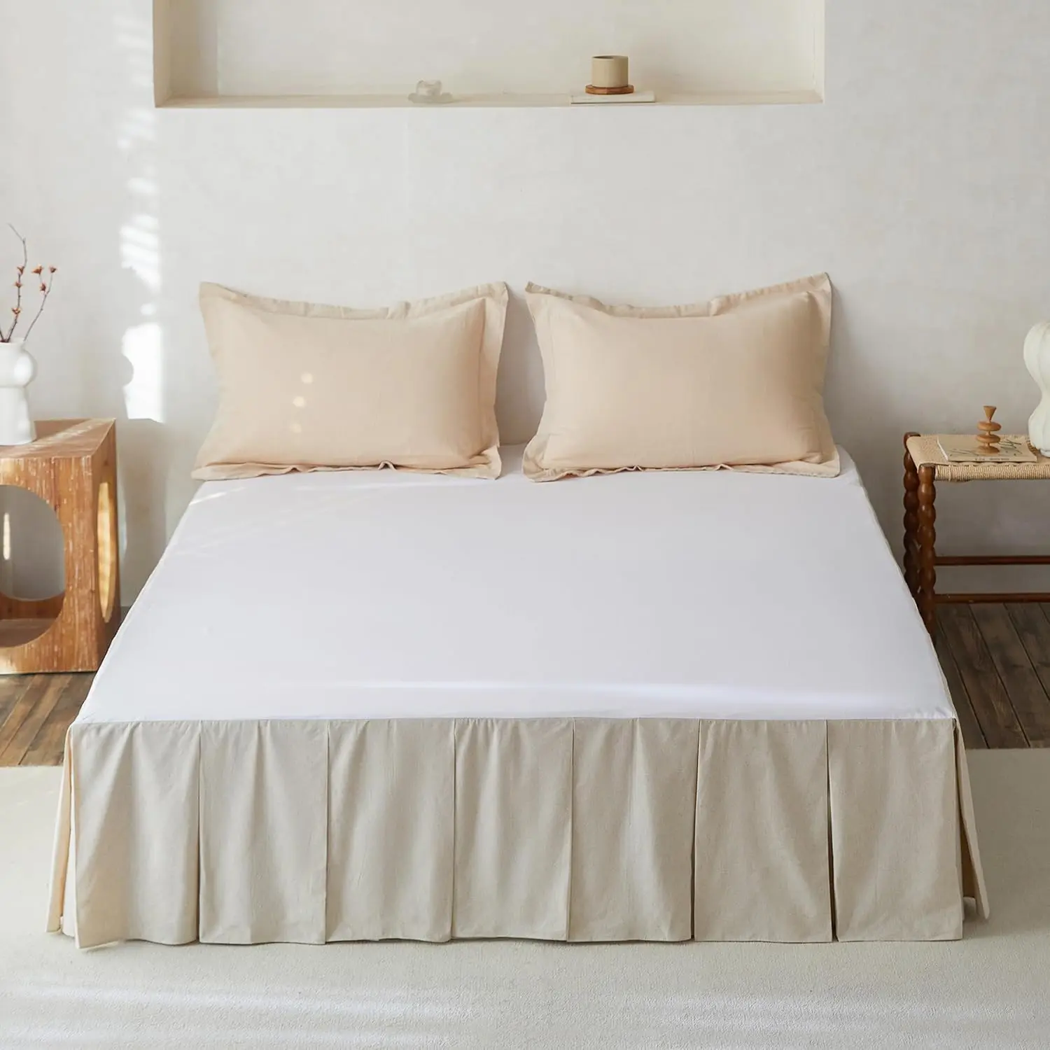 Linen Pleated Bed Skirt, 14" Tailored Draped  Linen-Cotton Blend Basic Dust Border Soft Comfort Farmhouse Bedding (14" King, Linen)