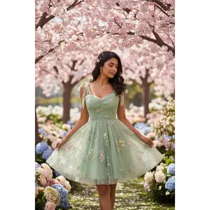 Sage Green Floral Embroidered Tulle Mini Dress