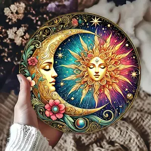 2D Flat, 2D, 1 Piece, Mandala Art Style Sun and Moon Wall Hanging - Classic Design Made of Aluminum Decorative Sign Flower Pattern, Perfect for Home, Office, Cafe, Garden, Patio, Farmhouse Decoration - Wall Hanging, Multi-purpose, Perfect Choice for Room