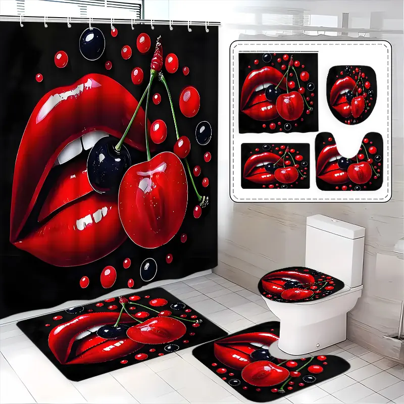 Lip Cherry Bathroom Set, 4-Piece Printed Shower Curtain Set, Includes Bath Mat, Toilet Seat Cover, U-Shaped Pad, Elegant Home Decor Gift, Bathroom Decoration Accessories, Bathroom Accessory