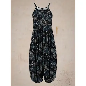 Sun & Moon Print Jogger Cami Jumpsuit, Casual Sleeveless Loose Jumpsuit for Spring & Summer, Women’s Clothing — Fluffy Supply Hub