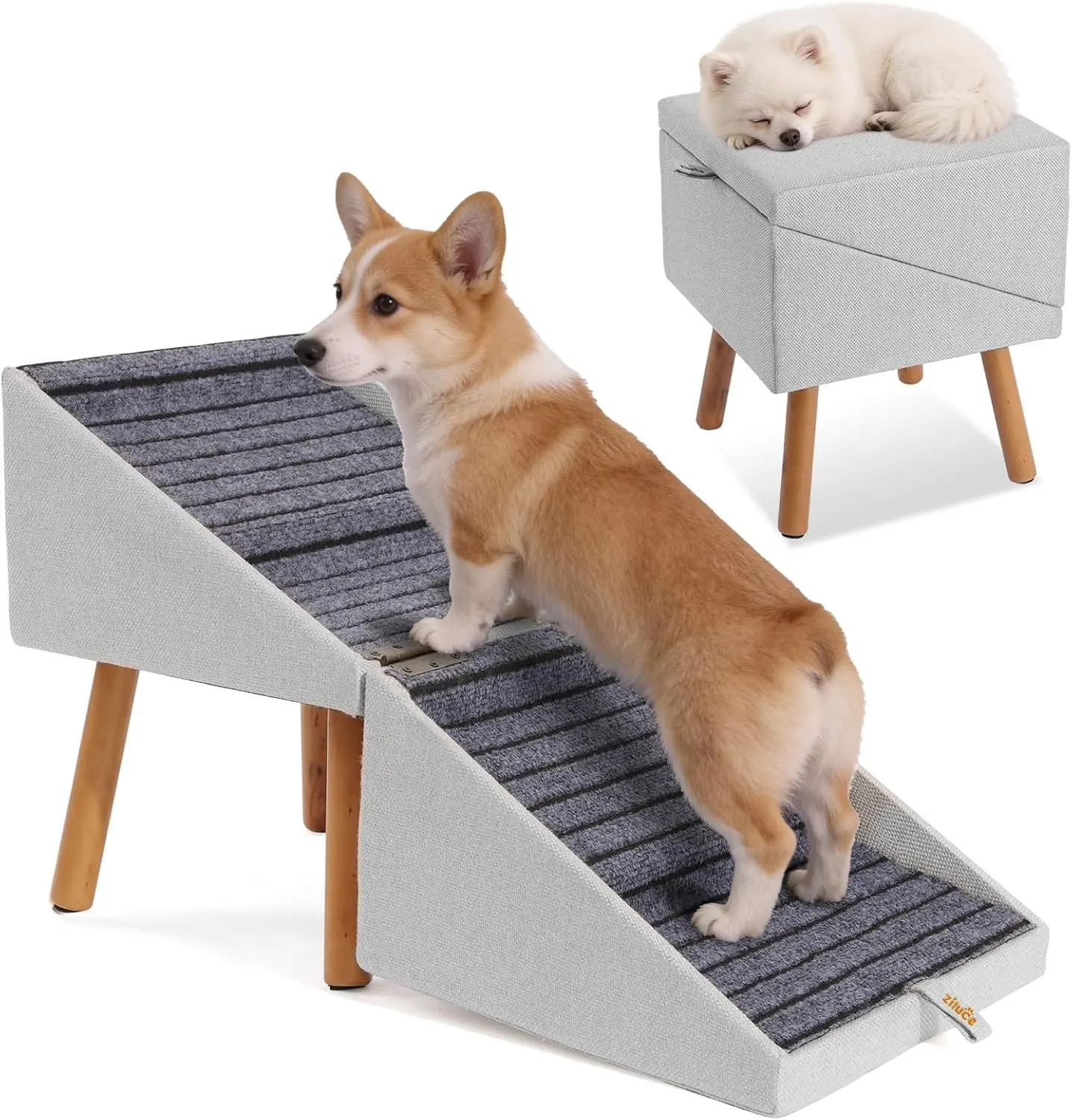 Dog ramp for Small Dogs, 2-in-1 Pet Steps & Ottoman - Foldable Dog ramp for Couch, Non-Slip Wooden Pet ramp for Puppy Senior Injured Dogs (Light Grey, XL