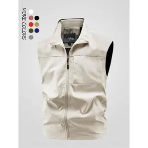 Men's solid color hooded vest jacket, stand up collar multi pocket sleeveless jacket, windproof and waterproof casual sports vest, regular outdoor fishing vest, four season men's jacket, men's clothingRAIMENTRY