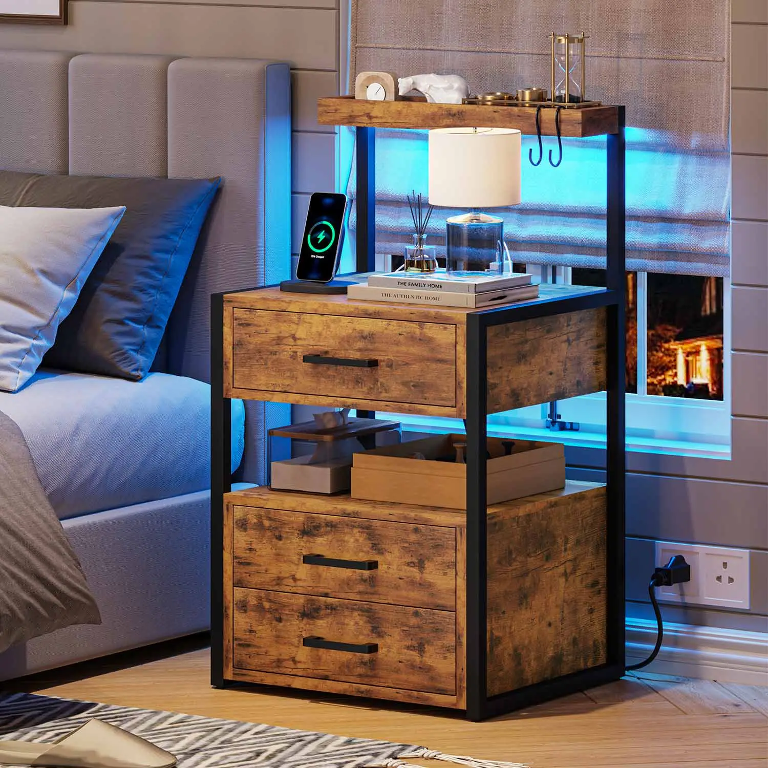SIKAIC Modern Bedroom LED Bedside Table - Minimal Chic Engineered Brown Wood Nightstand with 3 Drawers, USB Charging Station, Indoor Furniture Storage Solution