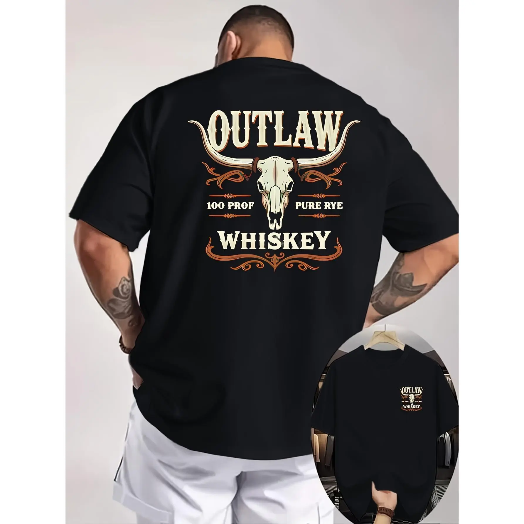 Men's Western Streetwear Tshirt with a Double-Sided Outlaw Whiskey Print, Breathable Premium Fabric Top with a Relaxed Fit and Round Neck, Cotton, Graphic, Soft, Fade Resistant, Fashion, T-Shirt