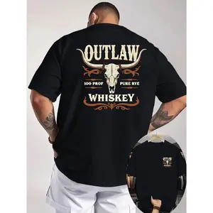 Outlaw Whiskey Western-Style Double-Sided Print Men'S T-Shirt, Featuring American Vintage Elements, a Loose Top for Enthusiasts of Western Culture