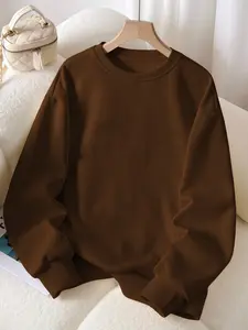 Women's Solid Color Round Neck Loose Fit Thicken Knit Pullover, Comfortable Versatile Sporty Top, Fall & Winter Fashion Women's Shirt
