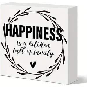 Kitchen Table Decor Sign, Farmhouse Kitchen Sign Decor for Home Counter Cabinet, Dining Room Decoration Wooden Box Sign, Kitchen Gift for Mom Grandma, Happiness Is a Kitchen Full of Family 5x5 inch