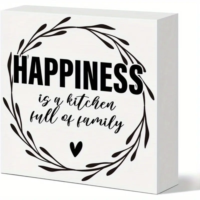 Kitchen Table Decor Sign, Farmhouse Kitchen Sign Decor for Home Counter Cabinet, Dining Room Decoration Wooden Box Sign, Kitchen Gift for Mom Grandma, Happiness Is a Kitchen Full of Family 5x5 inch