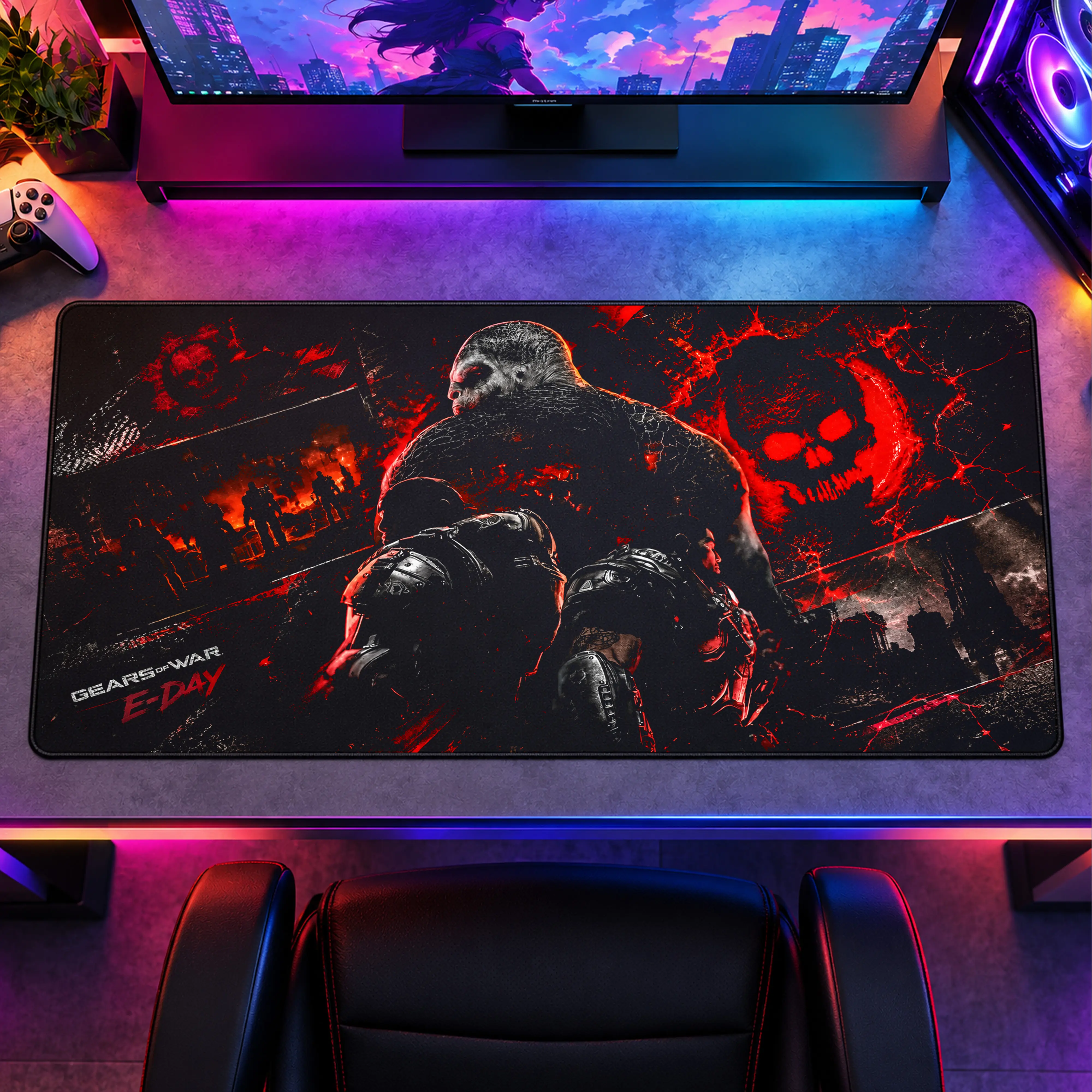 Gears of War E-Day Gaming Mouse Pad, 31.5x15.7 Large Desk Mat, Marcus Fenix Dom Santiago Locust Red Crimson Omen Extended Keyboard Pad, Non-Slip Base Stitched Edges Desk Pad, Sci-Fi Action Game Office Home Decor Gift for Fans