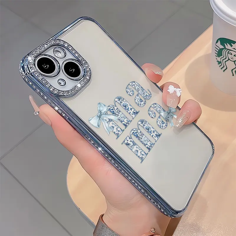 Cute MAMA Bow luxury rhinestone decor phone case for iPhone 17 17Air 17Pro 17Promax 16 15 14 13 12 11 plus pro Max shockproof camera protector cover X-mas Christmas gift