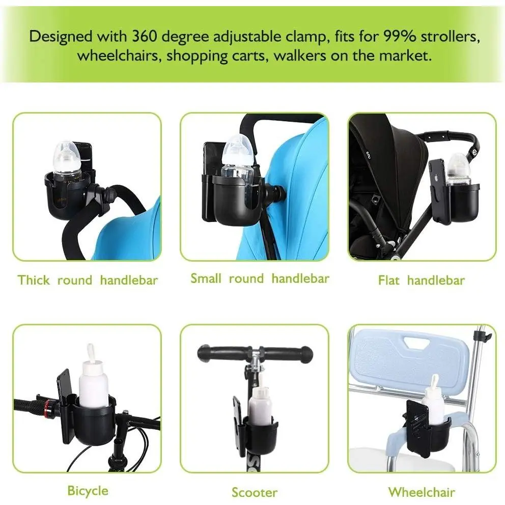 Stroller Cup Holder with Hook, Bike Cup Holder, Universal Cup Holder for Uppababy Nuna Doona Strollers, 2-in-1 Cup Phone Holder for Stroller Bike Wheelchair Walker Accessory Stroller Cup Holder with Hook, Bike Cup Holder, Universal Cup Holder for Uppababy Nuna Doona Strollers, 2-in-1 Cup Phone Holder for Stroller Bike Wheelchair Walker Accessory
