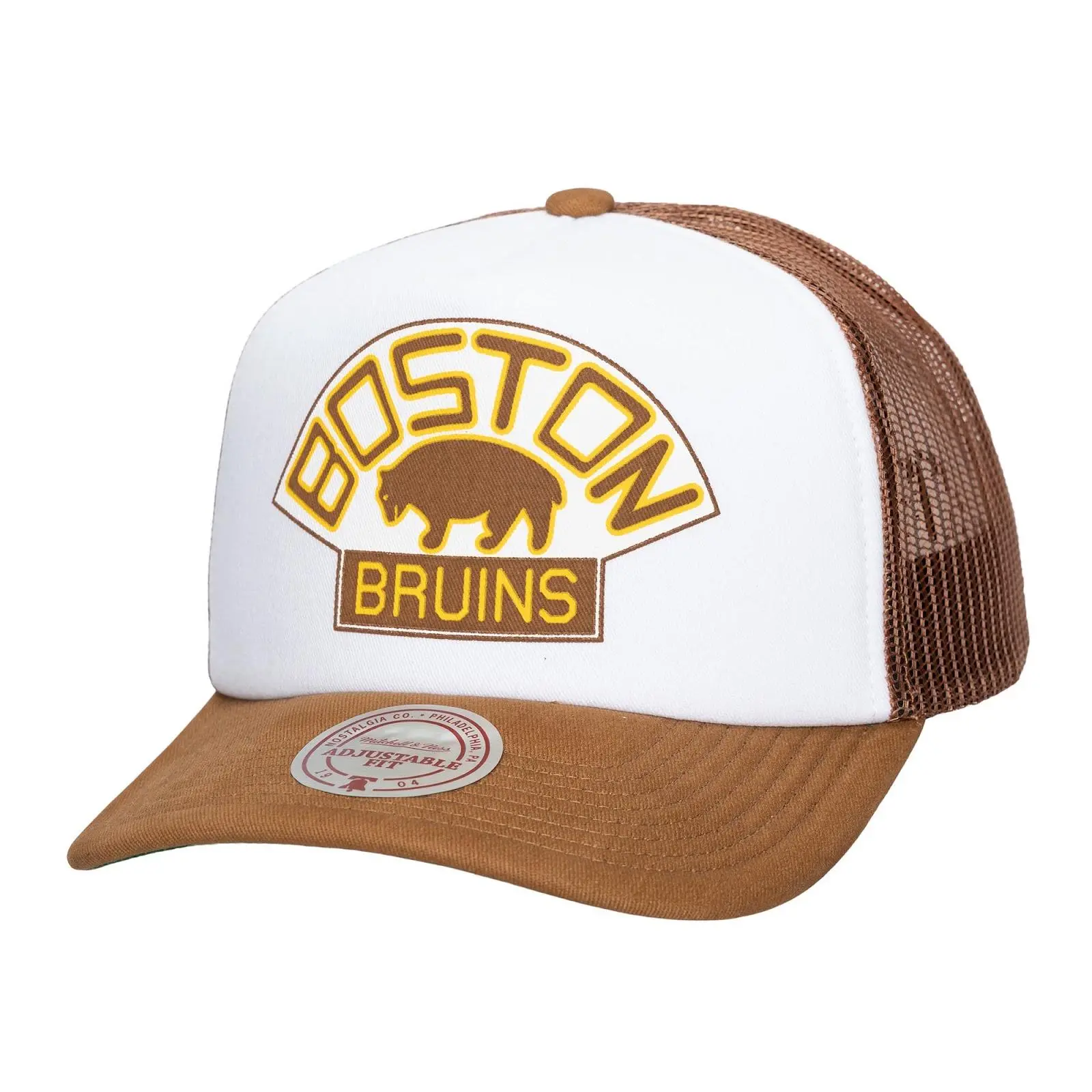Boston Bruins White/Brown Print It Trucker Vintage Adjustable Hat NHL Throwback Cap Fan Gear Mitchell & Ness