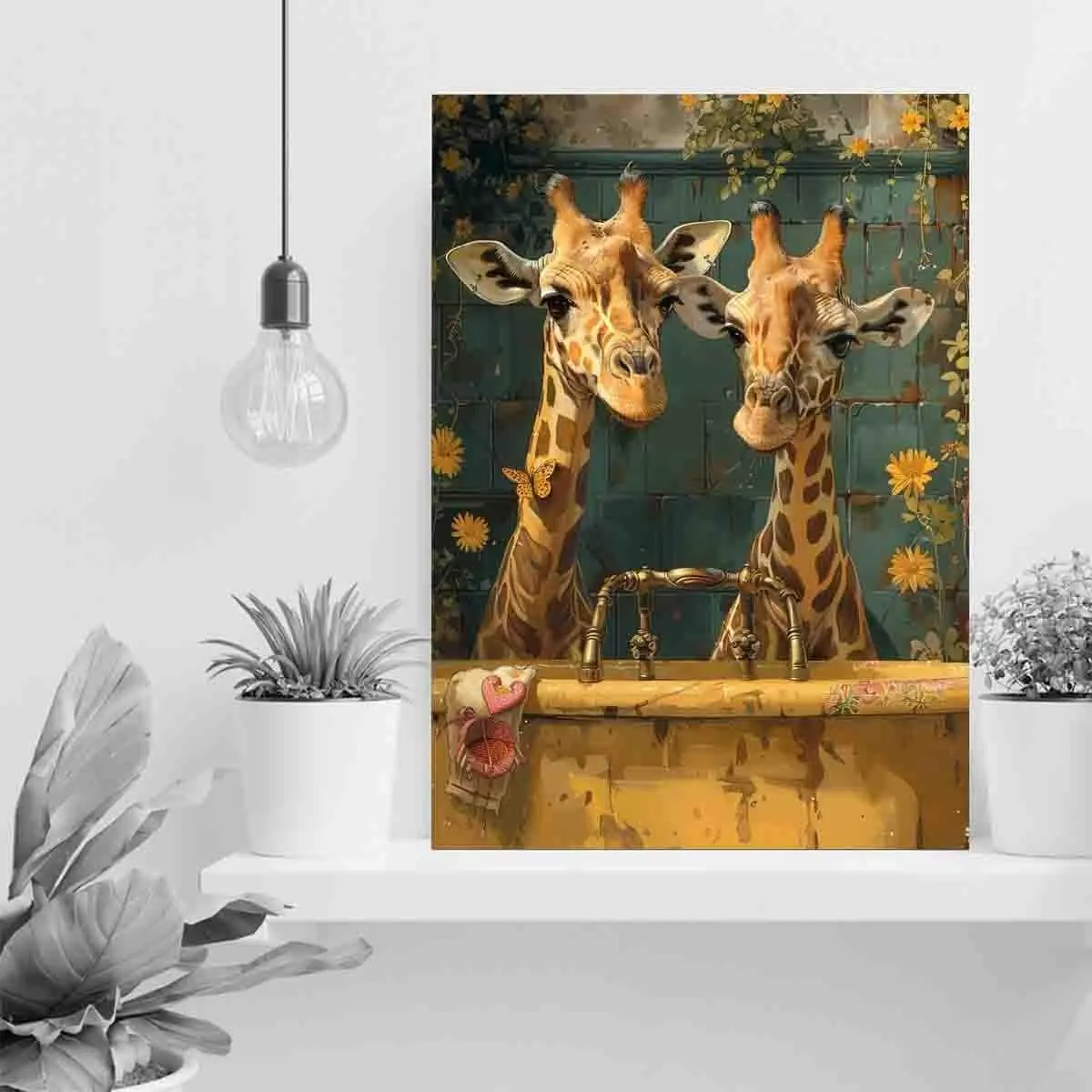 Couple Giraffe 2D Bath Artwork for Bathroom Wall, Animal Canvas Decor for Nursery, Gift for Kids and Adult, Fun Bath Art, Art Wall Decoration