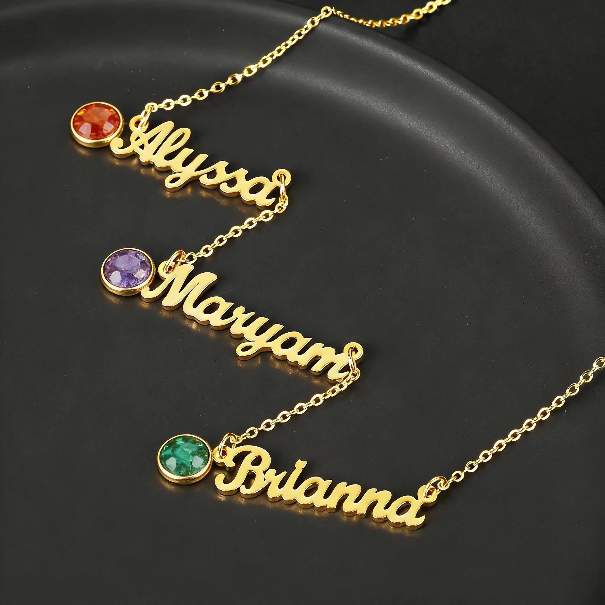 AS205 Name Necklace with Multiple Names and Birthstones, Family Jewelry for Mom, Ideal Birthday Gift for Her