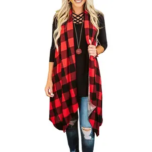 Womens Plaid Open Front Sweaters Sleeveless Duster Cardigans Drape Lightweight Vest Coat with Pockets