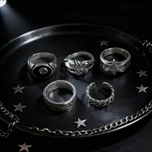 Unisex 5-Piece Punk Antique Silver Eagle Claw Ring Set! 8-Ball Hexagram Jewelry
