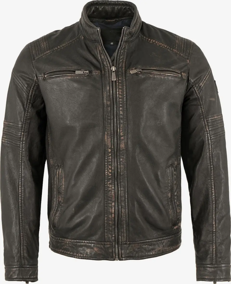 Men's Vintage Leather Racer Jacket with Chest Pockets – Black