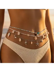 Boho Beach Vacation Style Women Body Chain Set with Seashell Starfish Beaded Multi Layer Waist Chain for Summer Sand Beach Outfit Belly Chain