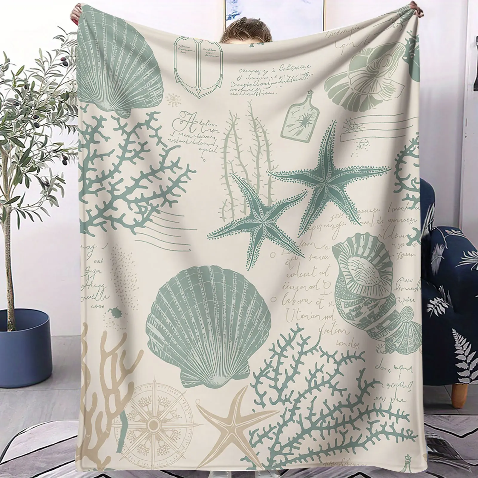 1PC Creative Hot Sale Marine Life Shell + "Vintage Nautical Style" Label Flannel Blanket, Throw Blanket Digital Printed Flannel Blanket, Soft, Warm, Multifunctional, Suitable for Sofa Bed Blanket, Office Nap Blanket, Outdoor Camping, All Seasons Gift