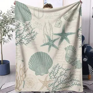 1PC Creative Hot Sale Marine Life Shell + "Vintage Nautical Style" Label Flannel Blanket, Throw Blanket Digital Printed Flannel Blanket, Soft, Warm, Multifunctional, Suitable for Sofa Bed Blanket, Office Nap Blanket, Outdoor Camping, All Seasons Gift