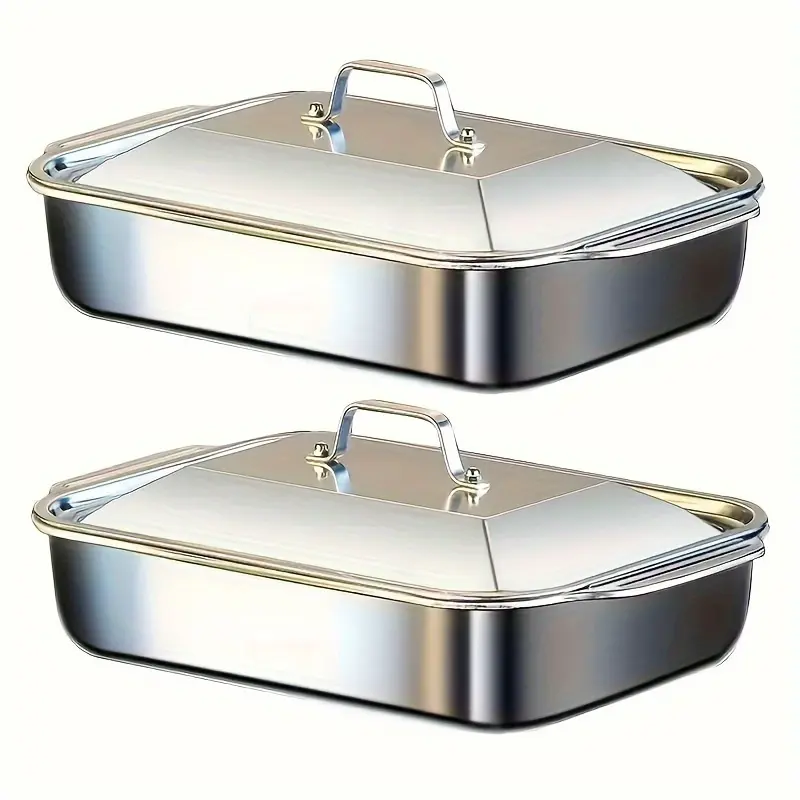 2pcs Oversized Heavy Duty Stainless Steel Bakeware with Lid - Non-Stick Thickened Rectangular Oven Tray, Suitable for Desserts, Bread, And Seafood - Perfect for Barbecue, Buffet, And Festivals