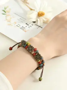 Bohemian Vintage Handmade Bracelet, Colorful Ceramic Beads, Leather Cord, Floral Pendant, Adjustable Knot, Unisex Jewelry