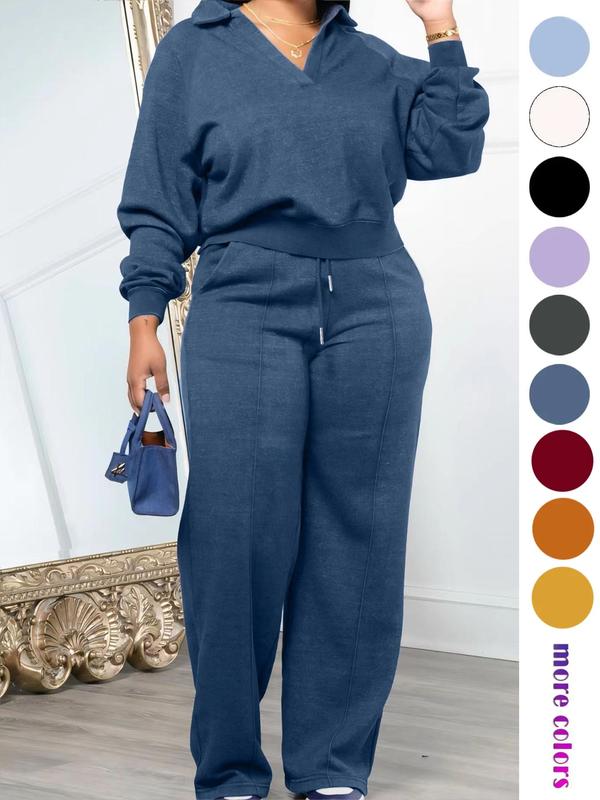 Women's Solid Long Sleeve Sweatshirt & Drawstring Waist Pants Set, Casual Fashion Cozy Two-piece Outfit for Daily Outdoor Wear, Women's Clothes for All Seasons