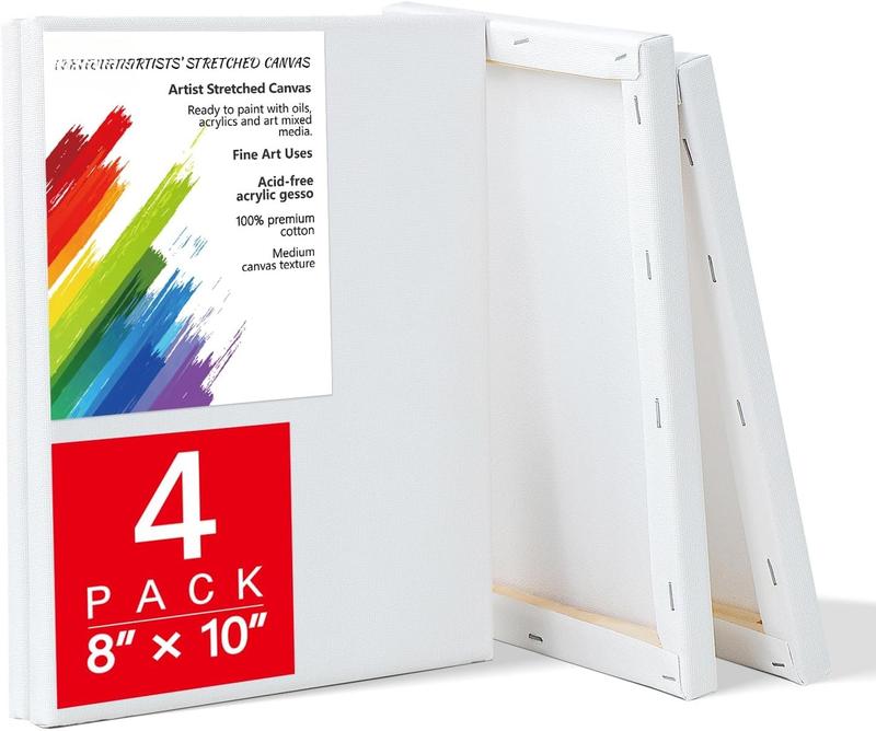 4 Pack Stretched Canvas for Painting 8x10 Inch,  Cotton Blank Art Canvases for  or Oil , Pre-Primed, 5/8 Inch Profile