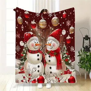 Contemporary Flannel Christmas Snowman Throw Blanket - Soft, Warm, Machine Washable, Digital Print Cartoon Themed, Multipurpose for Sofa, Bed