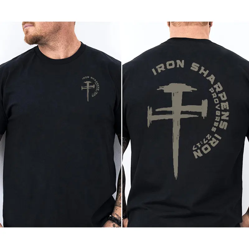 Iron Sharpens Iron Christian T-Shirt Proverbs 27:17 Brothers In Christ Cross Print Front & Back 100% Cotton Unisex Classic Fit Soft Comfy