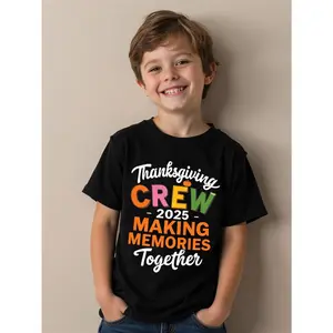 2025 Family Matching Thanksgiving T-Shirts - Funny Turkey & Autumn Graphic Crew Crew Making Memories Together, Black with Orange Lettering, Casual Round Neck Tees for Boys & Girls, All-Season Comfort,, Family Party Outfits, Crewneck Short Sleeve (3-13Y)