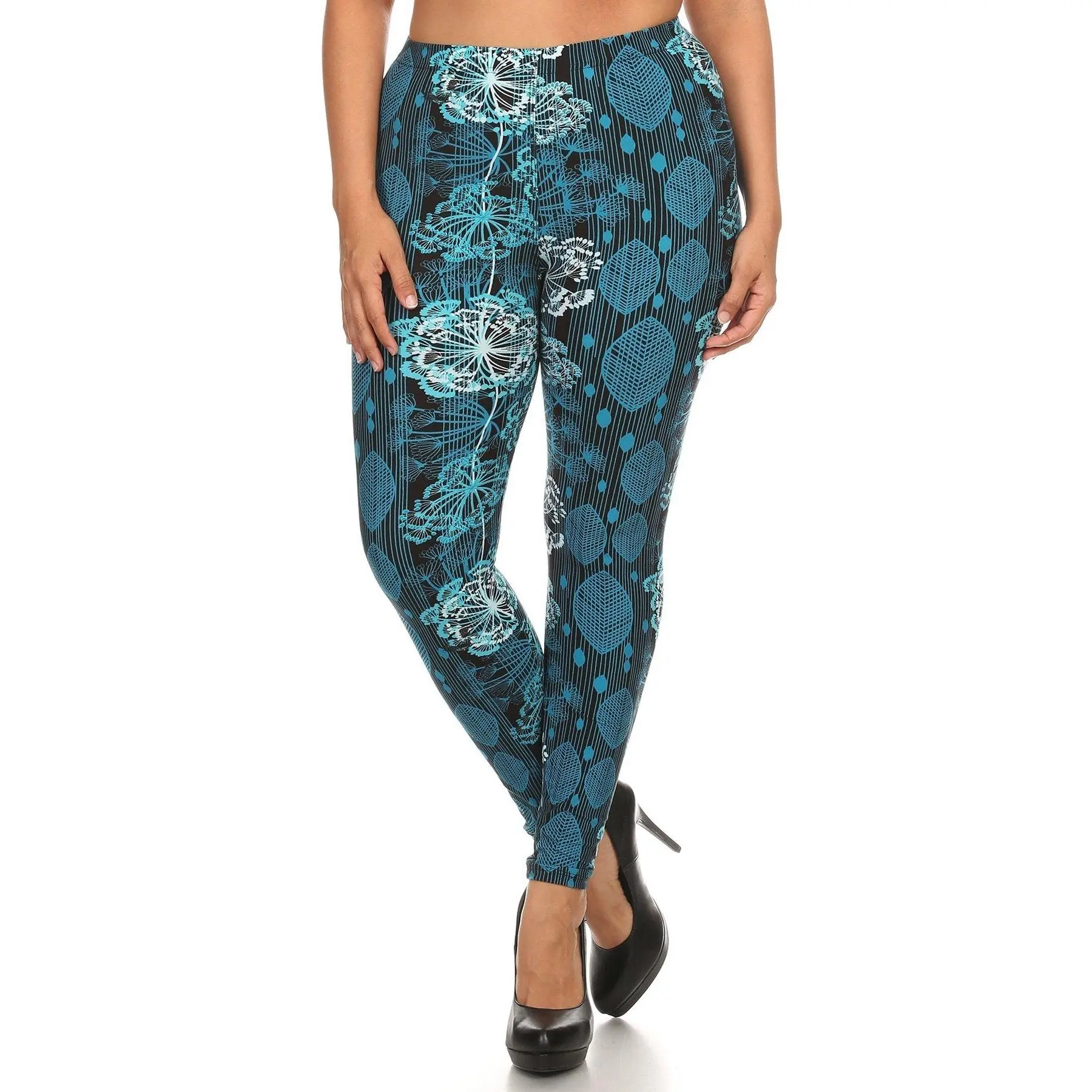 Plus Size Floral Print, Full Length Leggings In A Slim Fitting Style With A Banded High Waist