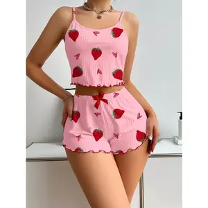 Women's Pink Bottom Strawberry Heart Print Ruffle Hem Shorts Pajama Set with Red Bow Decor Night Wear for Women