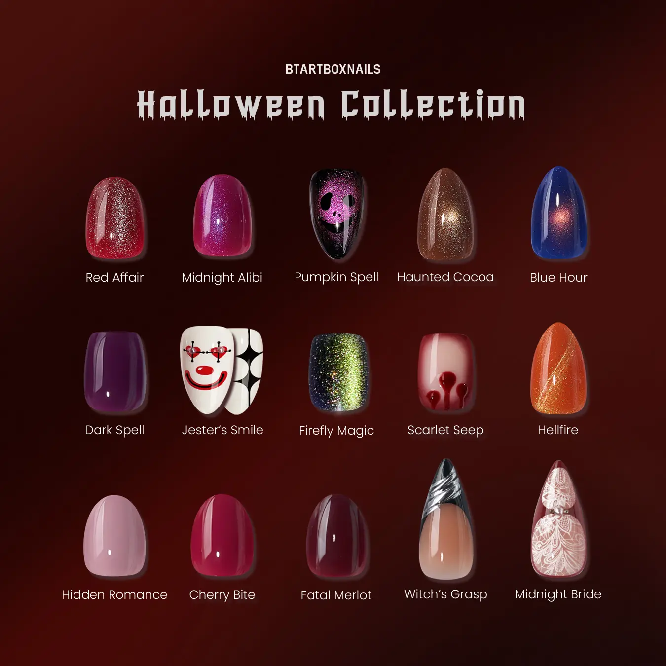 BTArtbox Halloween Stiletto Press On Nails, Easy-to-Apply Almond Squoval Cat Eye Press On Nails with Glue and Adhesive Tabs in 16 Sizes - 32 Nails All-in-One Kit, Gothic Fall Nails, Back to School