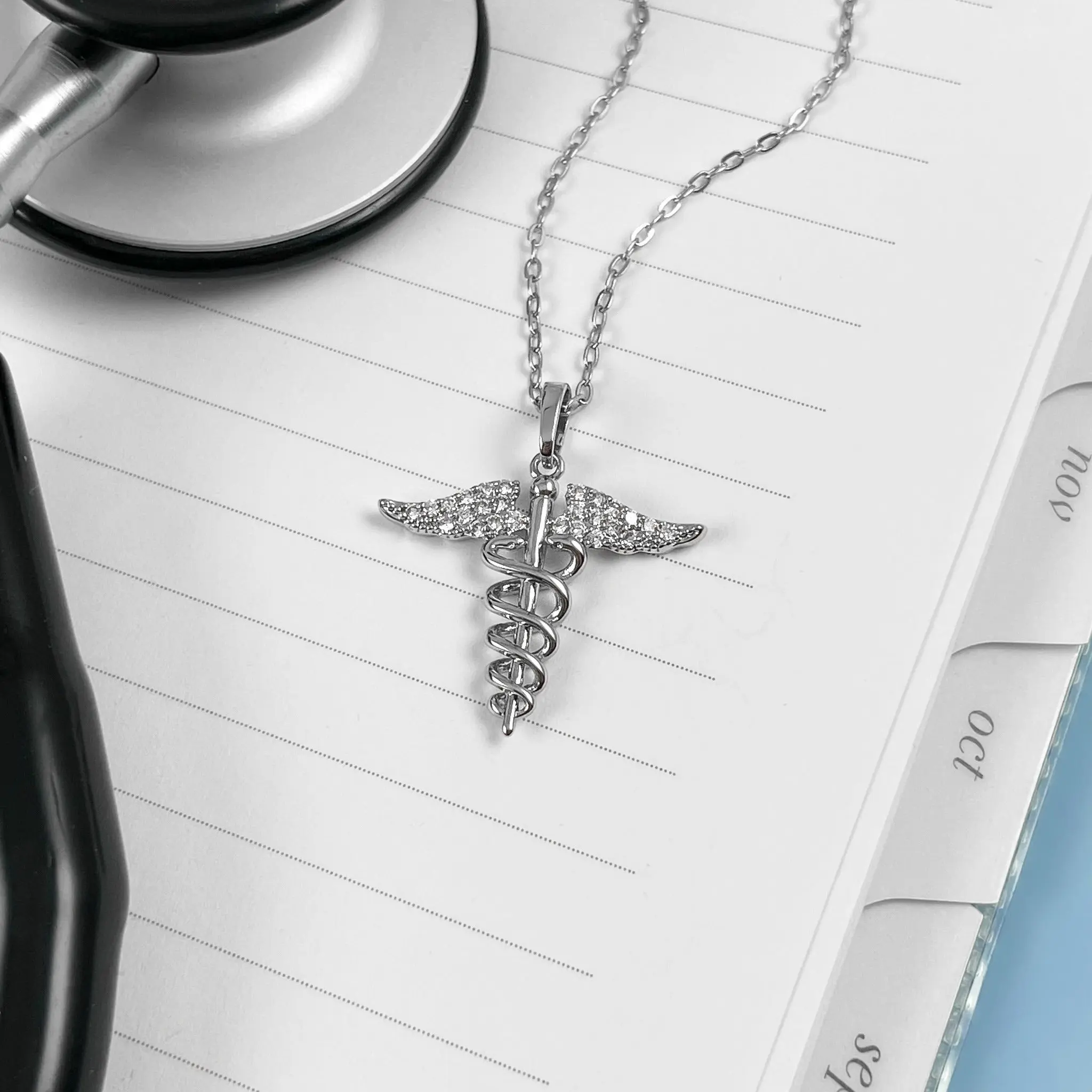 Dainty Sparkling Caduceus Necklace