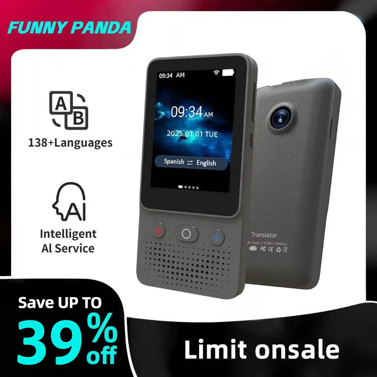 FunnyPanda AI Language Touchscreen Translator Device 138+