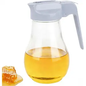 13.5oz Glass Syrup Dispenser with No-Drip Stainless Steel Spout - Honey Jar, Maple Syrup Pourer & Oil Cruet - Pastel Blue Kitchen Container for Pancakes & Waffles