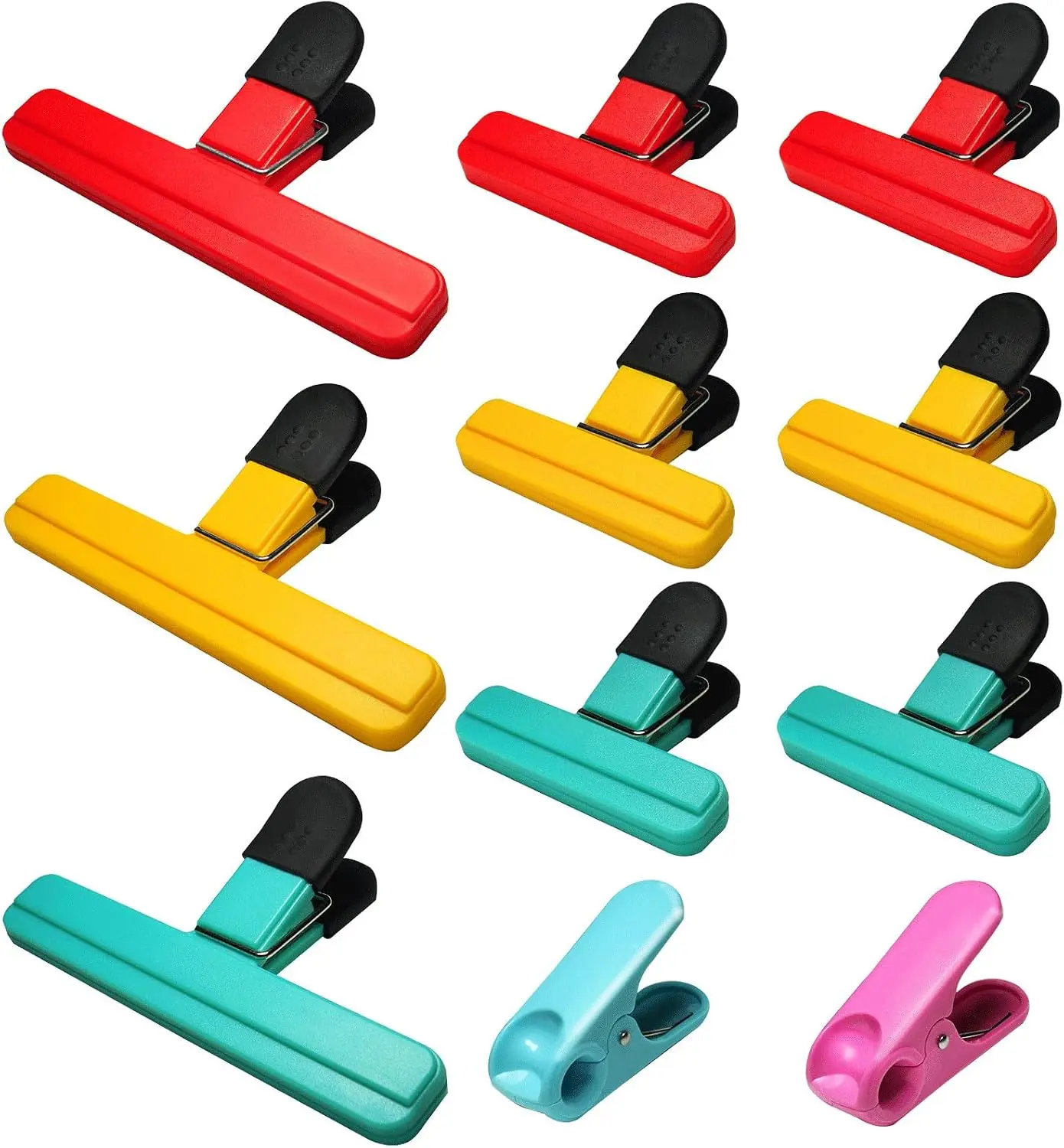 11-Pack Sturdy Airtight Ribbed Smooth Chip Clips, Heavy-Duty Kitchen Utensils for Food Packages, Chips & Snack Storage Bags (3 Large, 6 Small, 2 Round, Bright Style)