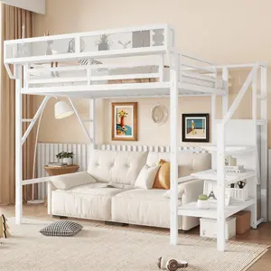 Twin XL Size Loft Bed with Stairs and Storage, Metal Loft Bed Frame with A Shelf and Large Under-Bed Space, Heavy-Duty Loft Beds, White