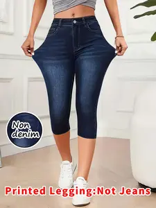 Women's Printed Capri Pants Legging, Non-Denim Fabric, All-Over Pattern Design, Summer Fashionable Tight-Fit, Casual & Sports Wear, Cropped