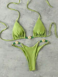 Women's Elegant Green Solid Color Halter Tie Front Beach Vacation Party Bikini Set Set, Spring/Summer, Summer Swimsuits