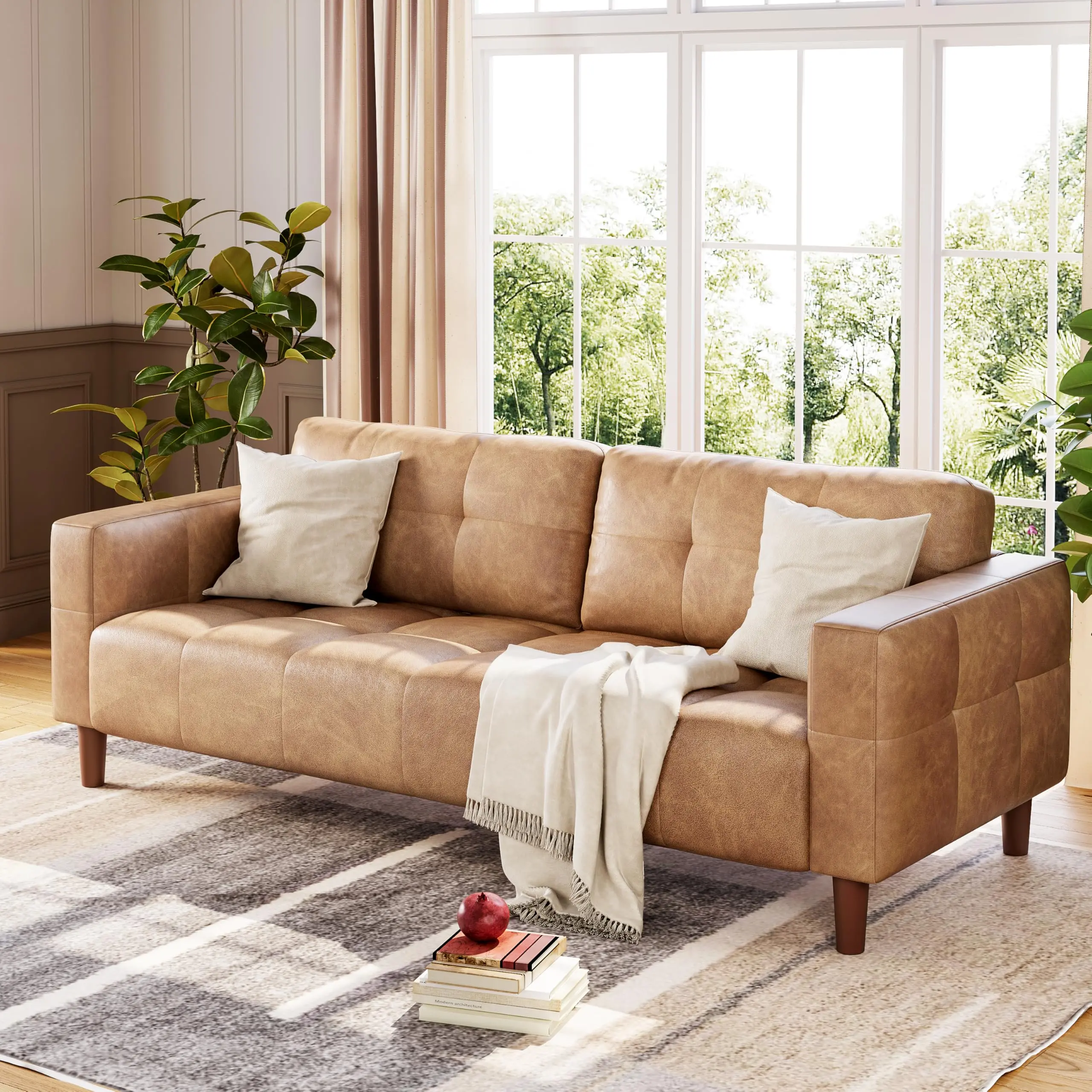 GARVEE 83.1 Inches Faux Leather Sofa Couch, Oversized Upholstered 3 Seater Sofa with Back Cushion, Mid-Century Modern Couch with Wide Arm, Loveseat Sofa for Office, Living Room, Bedroom, Brown