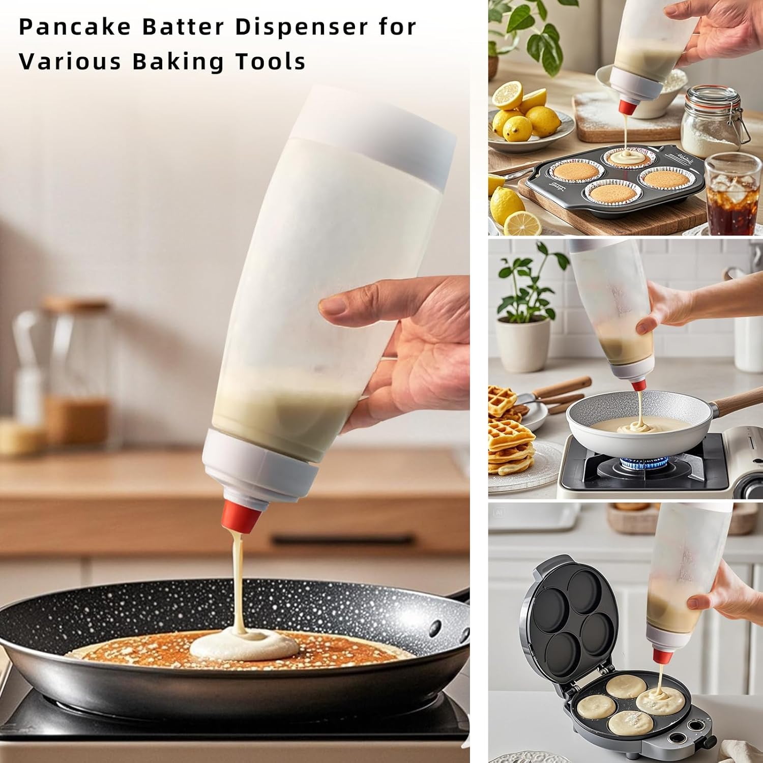 Pancake Batter Dispenser, Pancake Batter Mixer with Blender Ball, Suitable for Baking Utensils such as Pancakes, Pancakes, Waffles, Muffins, Cupcakes, etc. Simple, Large Capacity, Easy to Clean Kitchen Batter Batter Squeezing Bottle