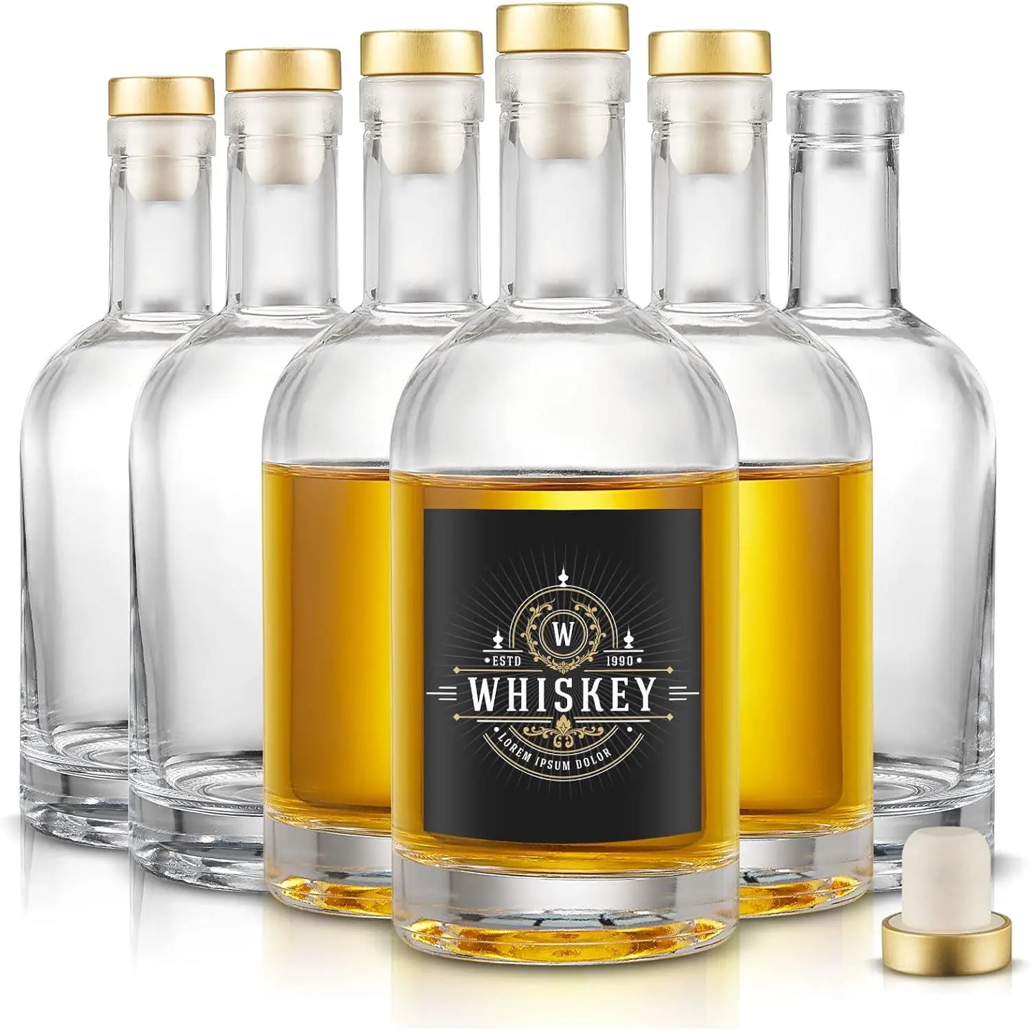 Set of 6 Glass Bottles, 12 oz Clear  Bottles, Heavy Base Glass Bottle with T-Top Cap,  Bottle for  Beverages Drinks Oil Vinegar Kombucha  with Cork Stopper Airtight Lid